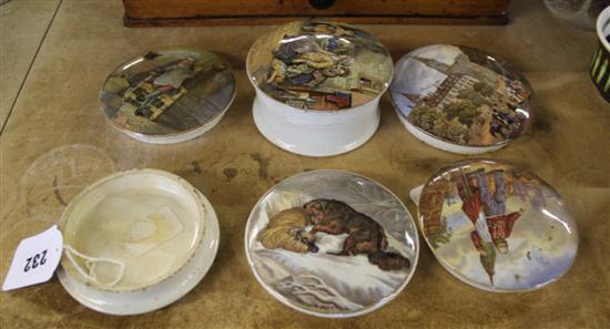 Six Prattware pot lids, French town scene, Garibaldi, The Times, The Harbour, Margate,  Snow Drift & fishing boats (faults)